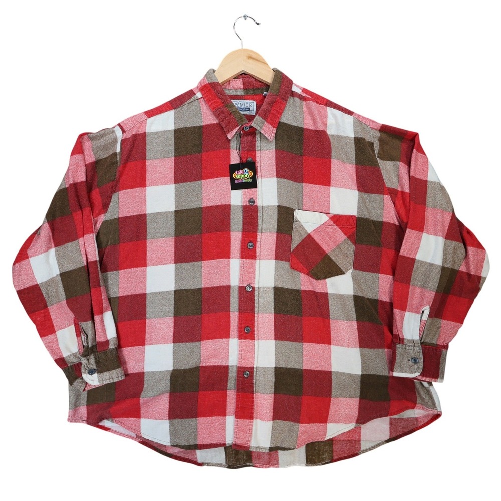 Premier International Flannel‎ Button Up Mens 2XL Red Excellent Plaid Cotton